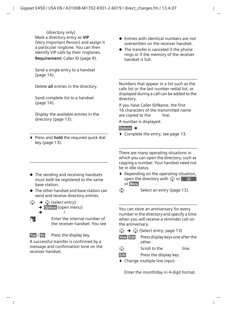 Using quick dial keys, Sending the directory to another handset, Adding a displayed number to the directory | Copying a number from the directory, Storing anniversaries in the directory | Siemens Gigaset E450 User Manual | Page 15 / 46