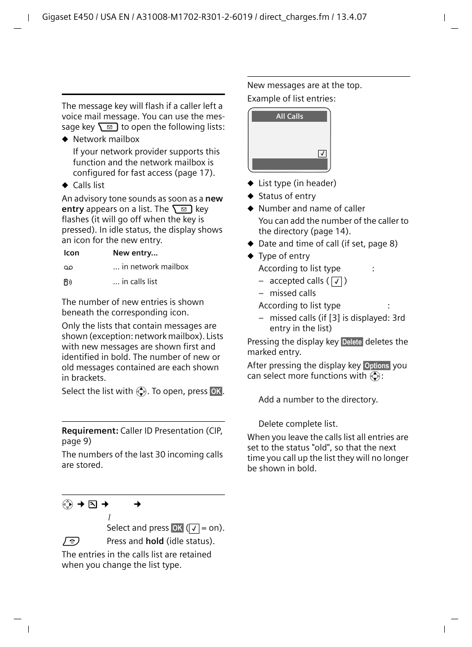 Opening lists with the message key, Calls list, Setting list type for calls list | List entry | Siemens Gigaset E450 User Manual | Page 17 / 46