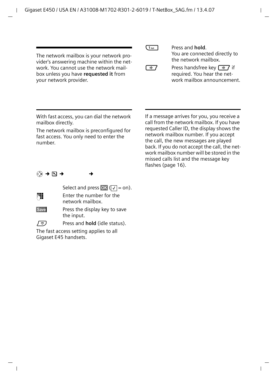 Using the network mailbox, Configuring the network mailbox for fast access, Viewing the network mailbox message | Siemens Gigaset E450 User Manual | Page 18 / 46