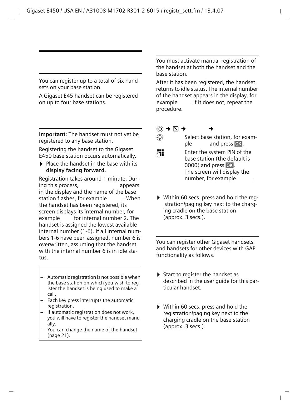 Using several handsets, Registering handsets, Automatic registration gigaset e45 to gigaset e450 | Manual registration of gigaset e45 to gigaset e450, Registering other handsets | Siemens Gigaset E450 User Manual | Page 19 / 46