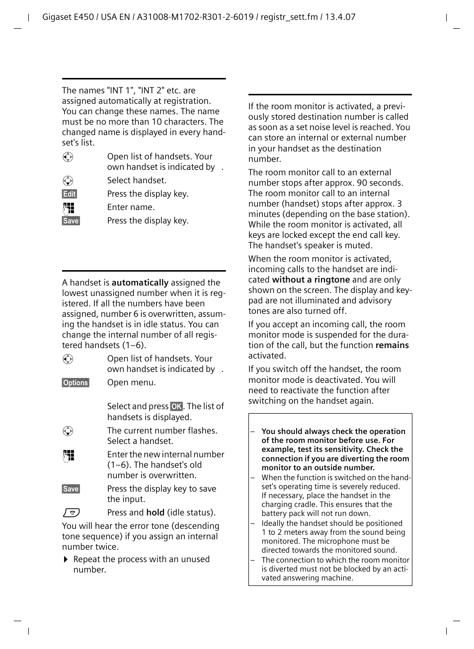 Changing the name of a handset, Changing internal number of a handset, Using a handset as a room monitor | Siemens Gigaset E450 User Manual | Page 22 / 46