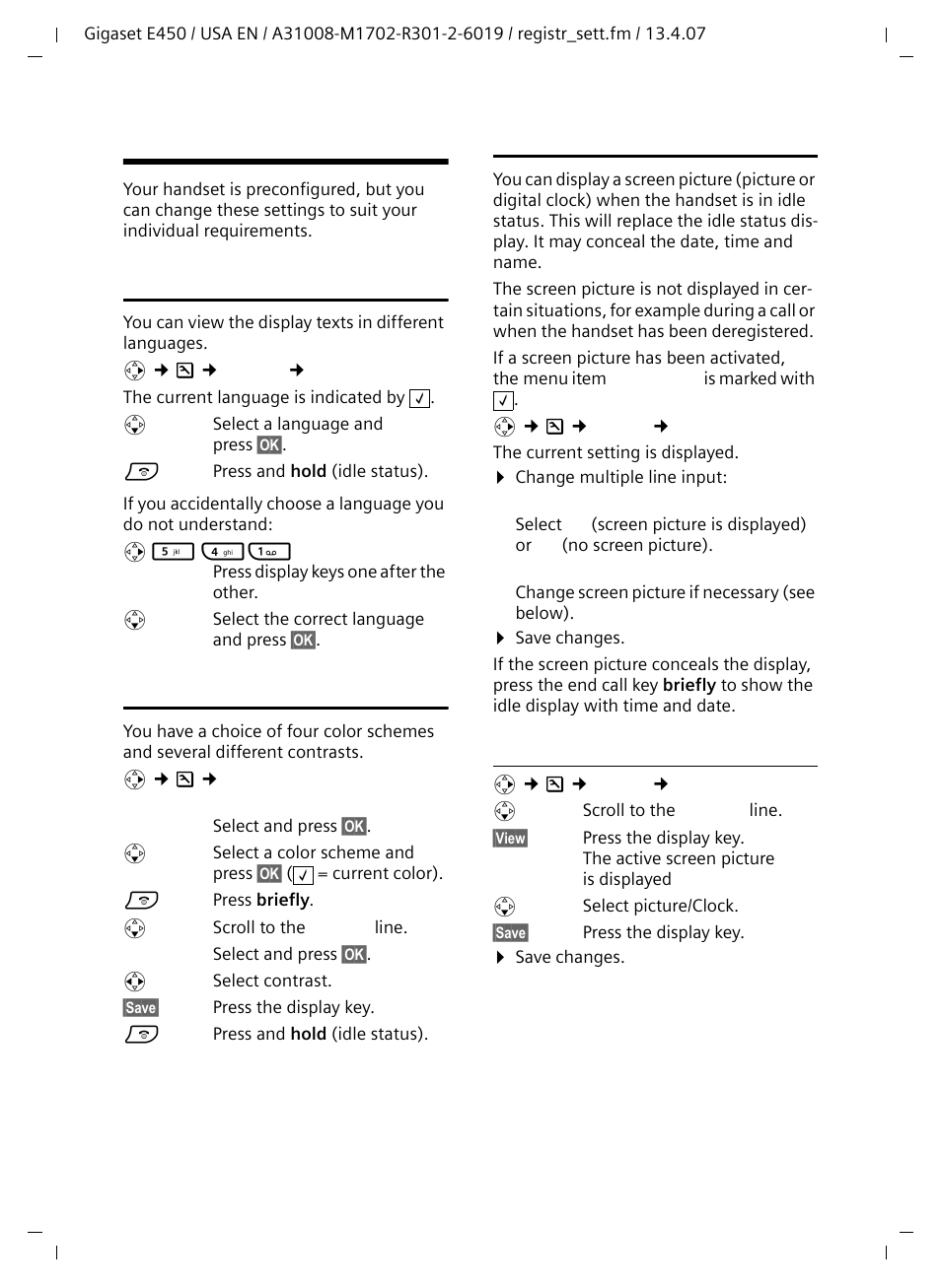 Handset settings, Changing the display language, Setting the display | Setting the screen picture, Changing the screen picture | Siemens Gigaset E450 User Manual | Page 24 / 46