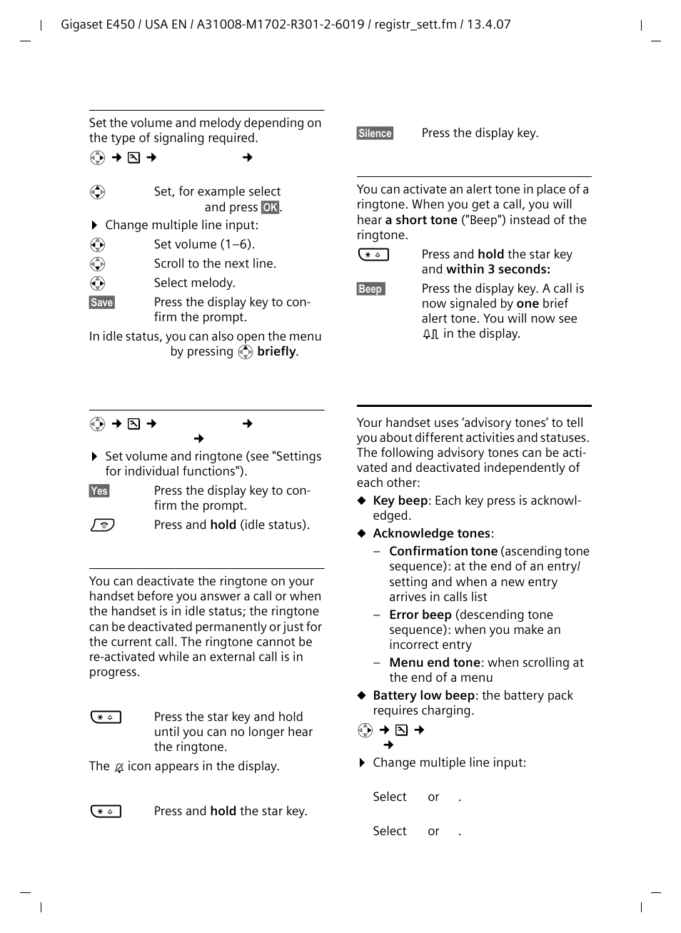 Settings for individual functions, Settings for all functions to ring the same, Activating/deactivating the ringtone | Activating/deactivating the alert tone, Activating/deactivating advisory tones | Siemens Gigaset E450 User Manual | Page 26 / 46