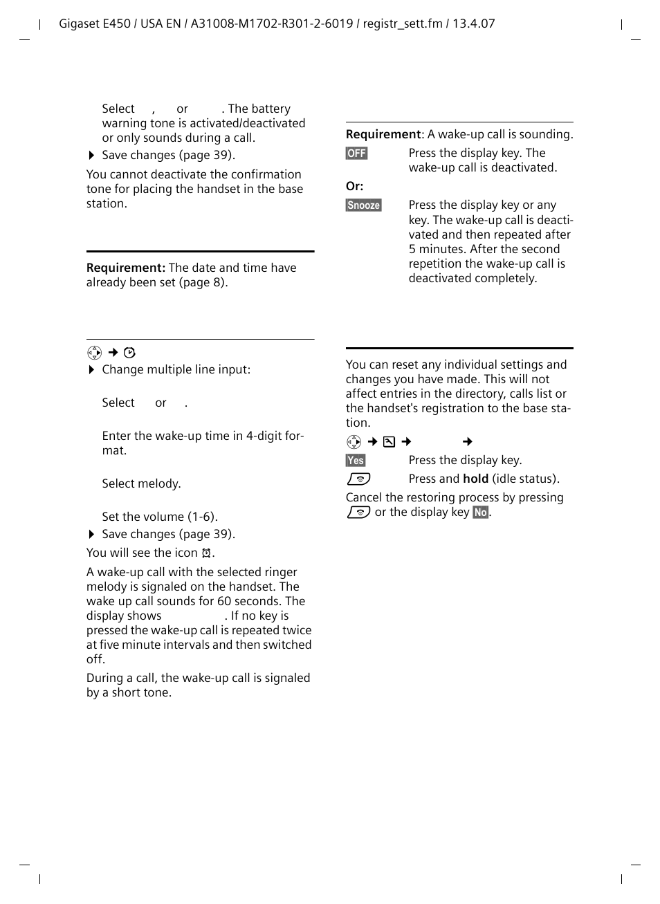 Setting the alarm clock, Restoring the handset default settings | Siemens Gigaset E450 User Manual | Page 27 / 46