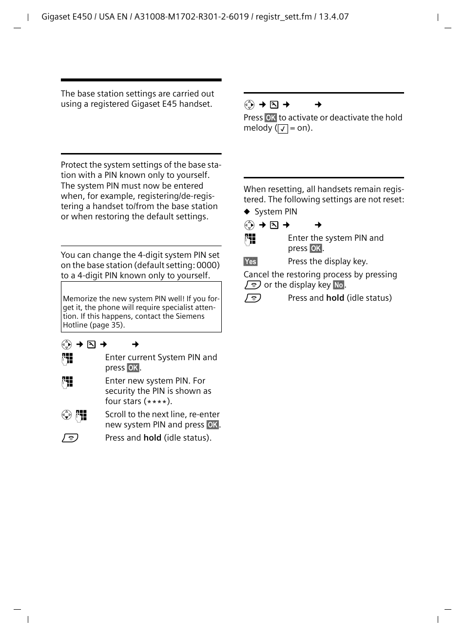 Base station settings, Protecting against unauthorized access, Changing the system pin | Activating/deactivating the hold melody, Restoring default settings for the base station | Siemens Gigaset E450 User Manual | Page 28 / 46