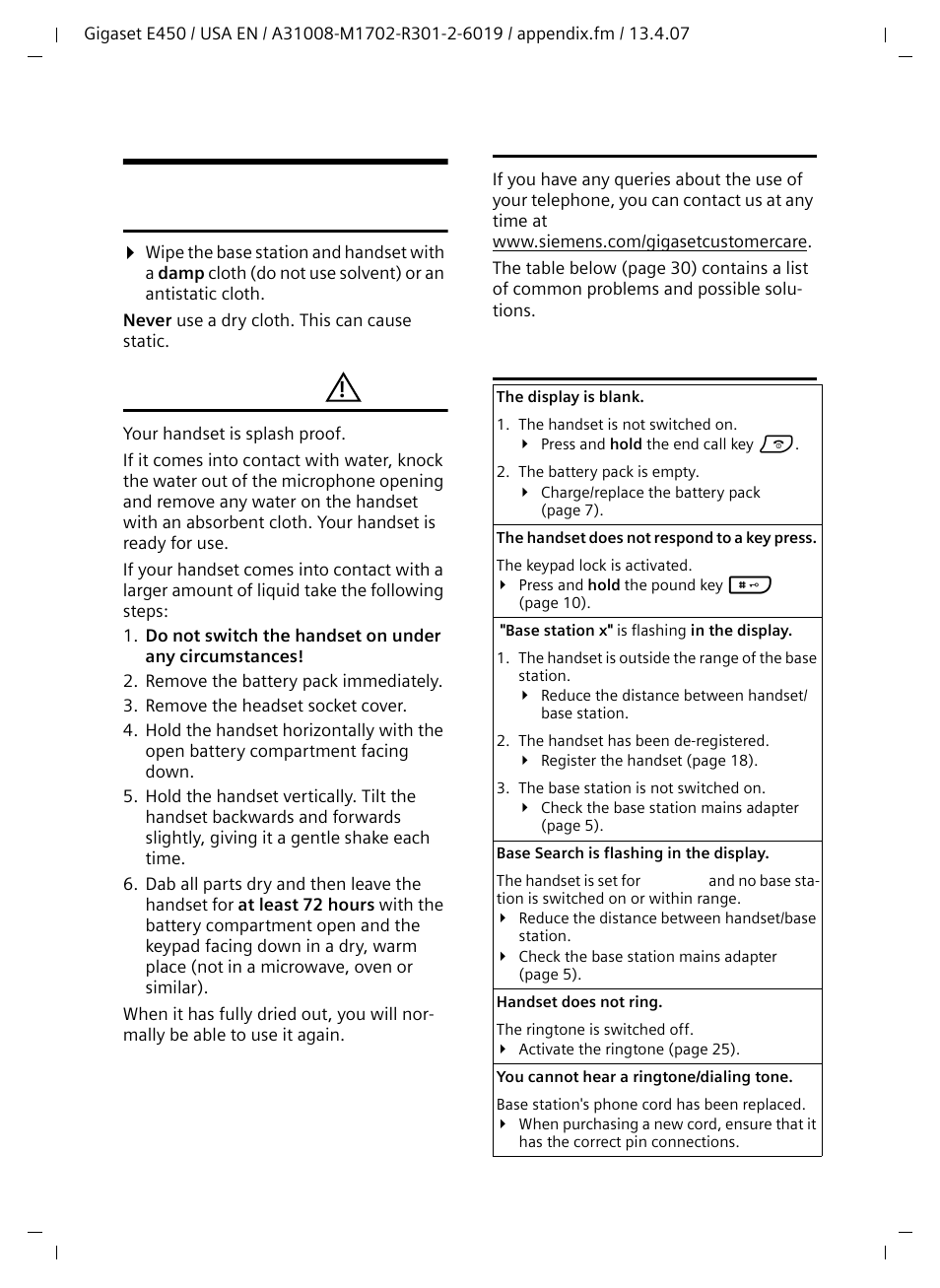 Appendix, Care, Contact with liquid | Questions and answers, Troubleshooting | Siemens Gigaset E450 User Manual | Page 31 / 46