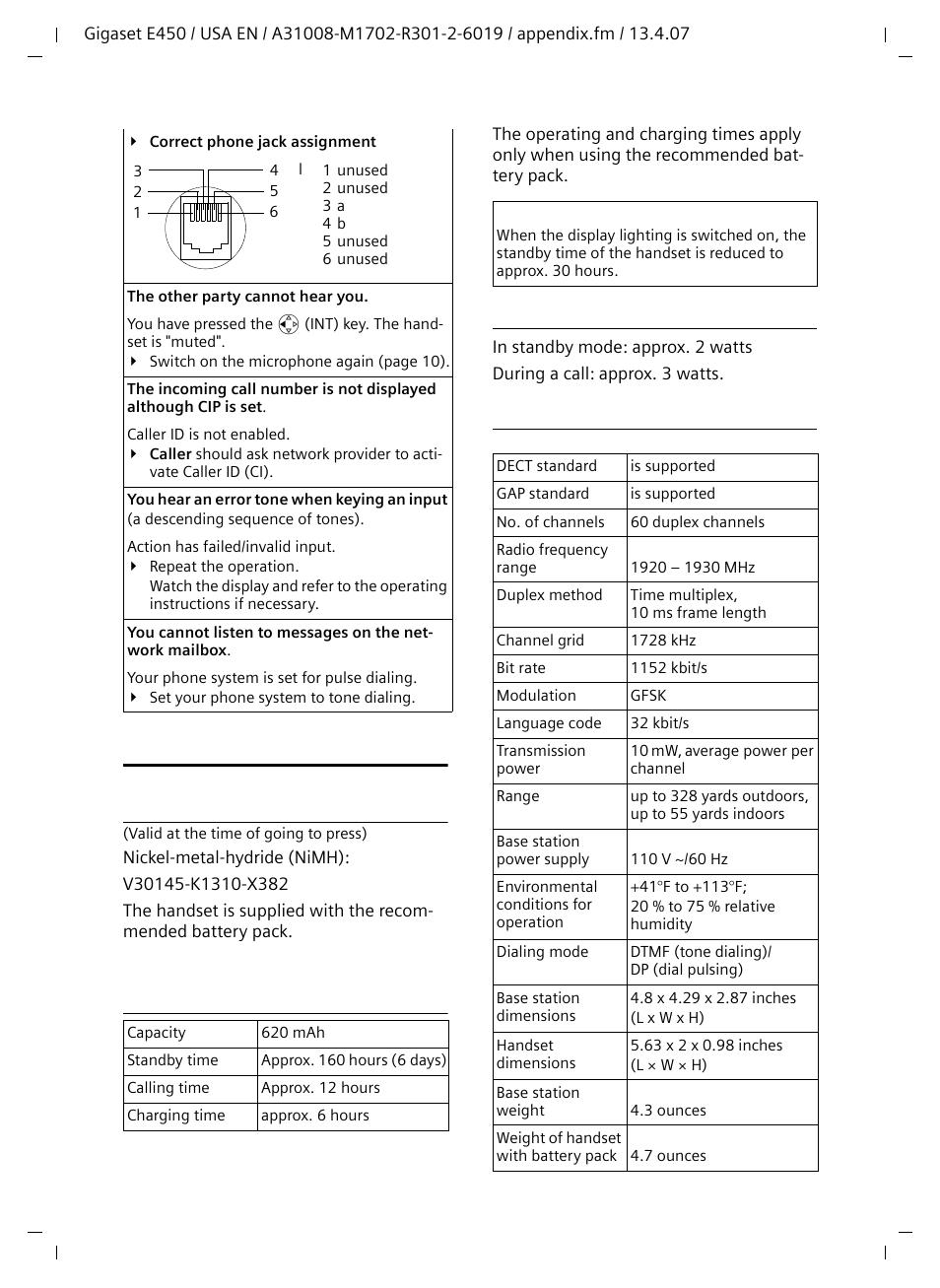 Specifications, Recommended battery pack, Handset operating times/charging times | Base station power consumption, General specifications | Siemens Gigaset E450 User Manual | Page 32 / 46