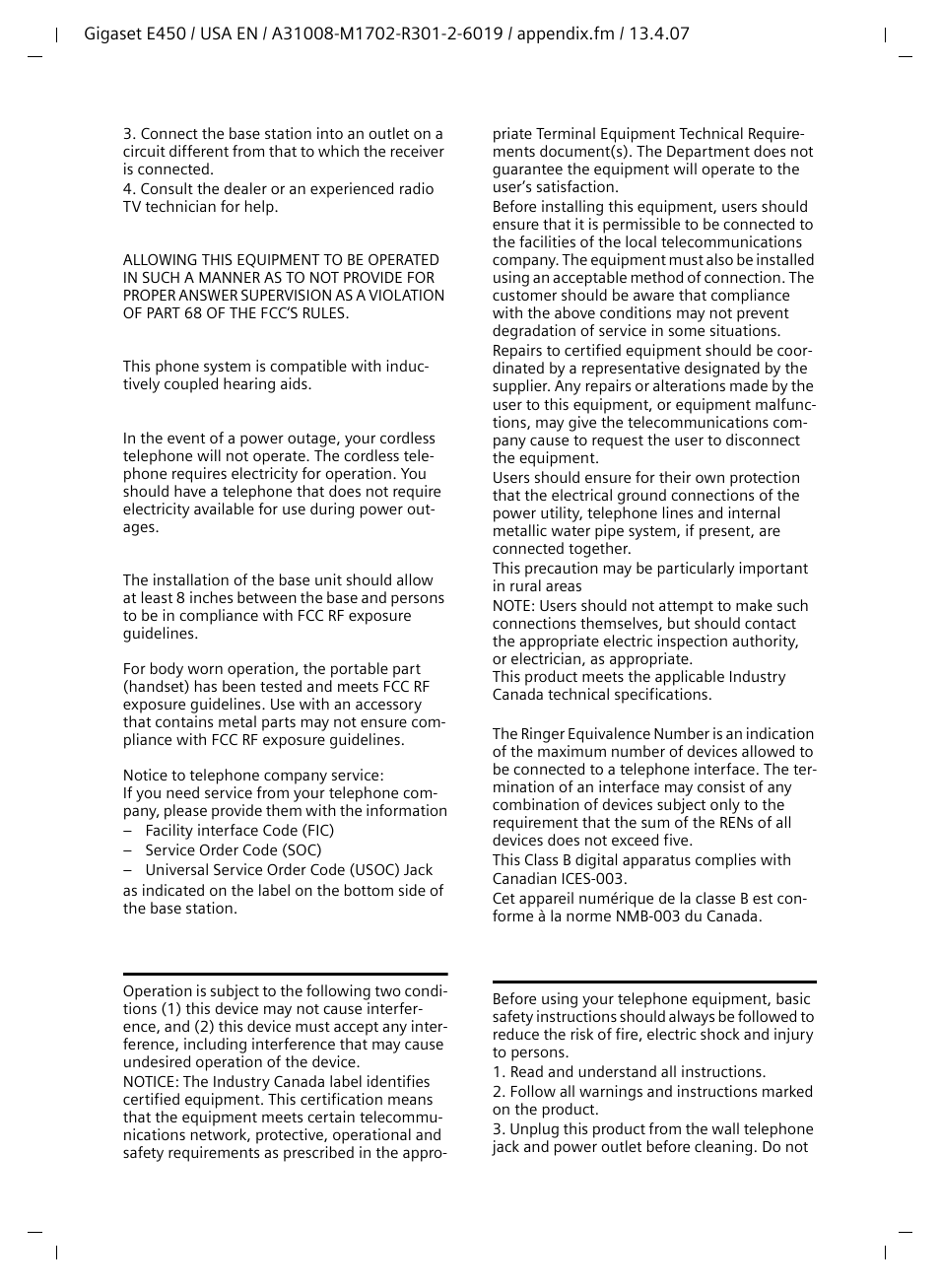 Industry canada certification, Safety precautions, Industry canada certification safety precautions | Notice for direct inward dialing ("did"), Notice to hearing aid wearers, Power outage, Notice | Siemens Gigaset E450 User Manual | Page 34 / 46