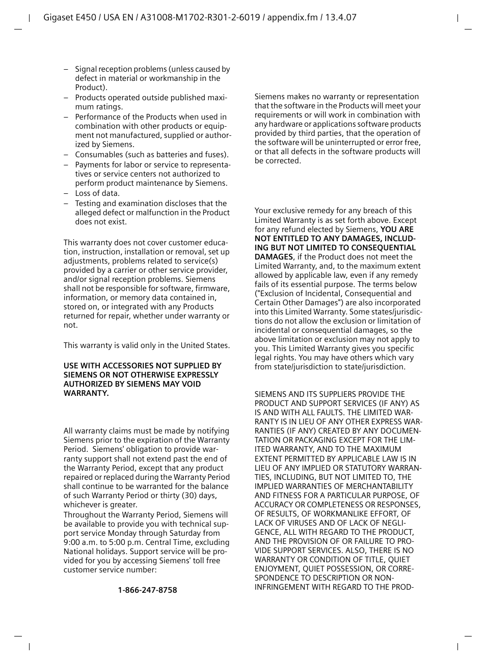 Warranty claim procedure, Limitation of warranty, Disclaimer of warranties | Siemens Gigaset E450 User Manual | Page 37 / 46