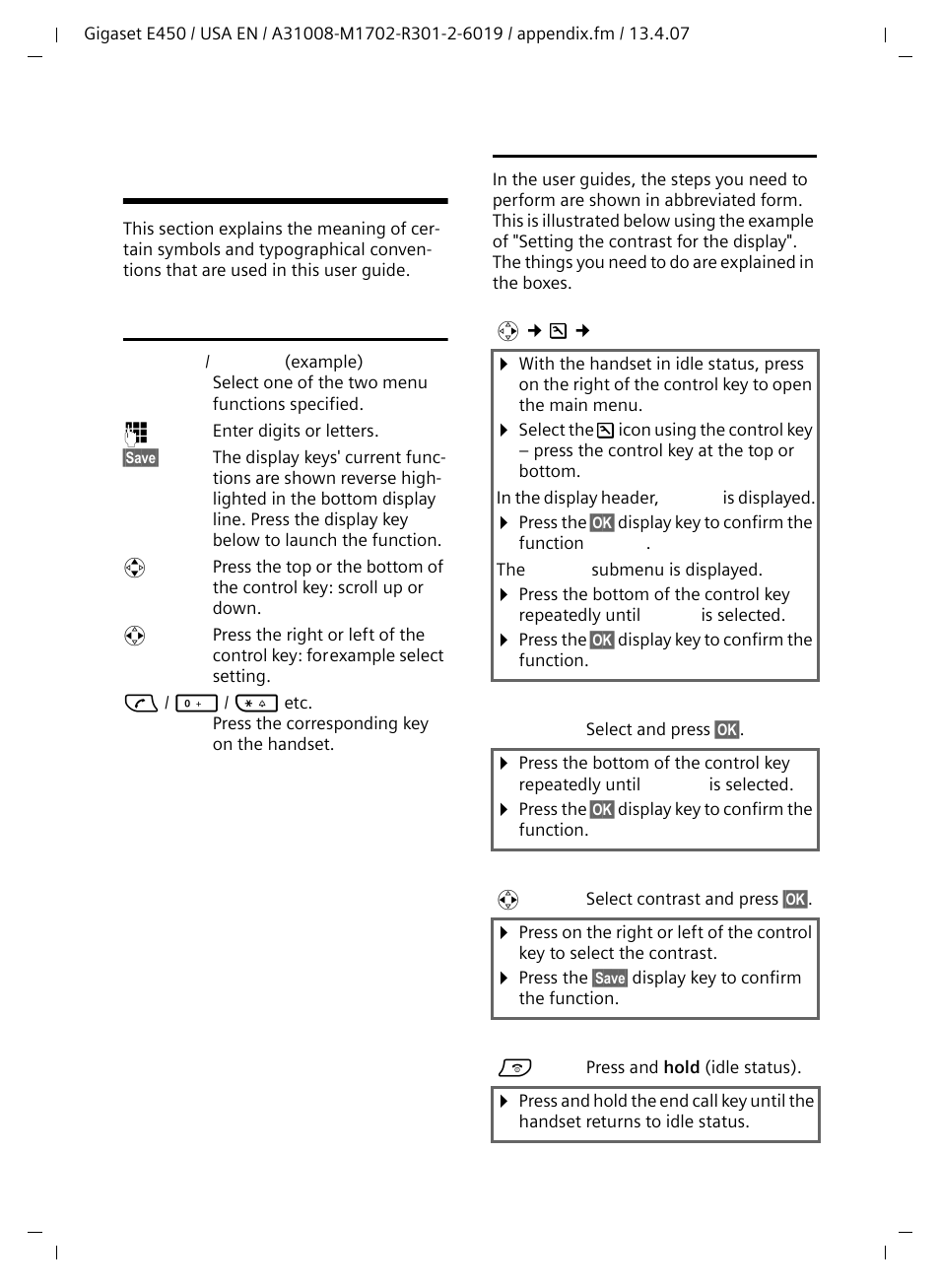 Notes on the operating instructions, Symbols used, Example: menu input | Symbols used example: menu input | Siemens Gigaset E450 User Manual | Page 39 / 46