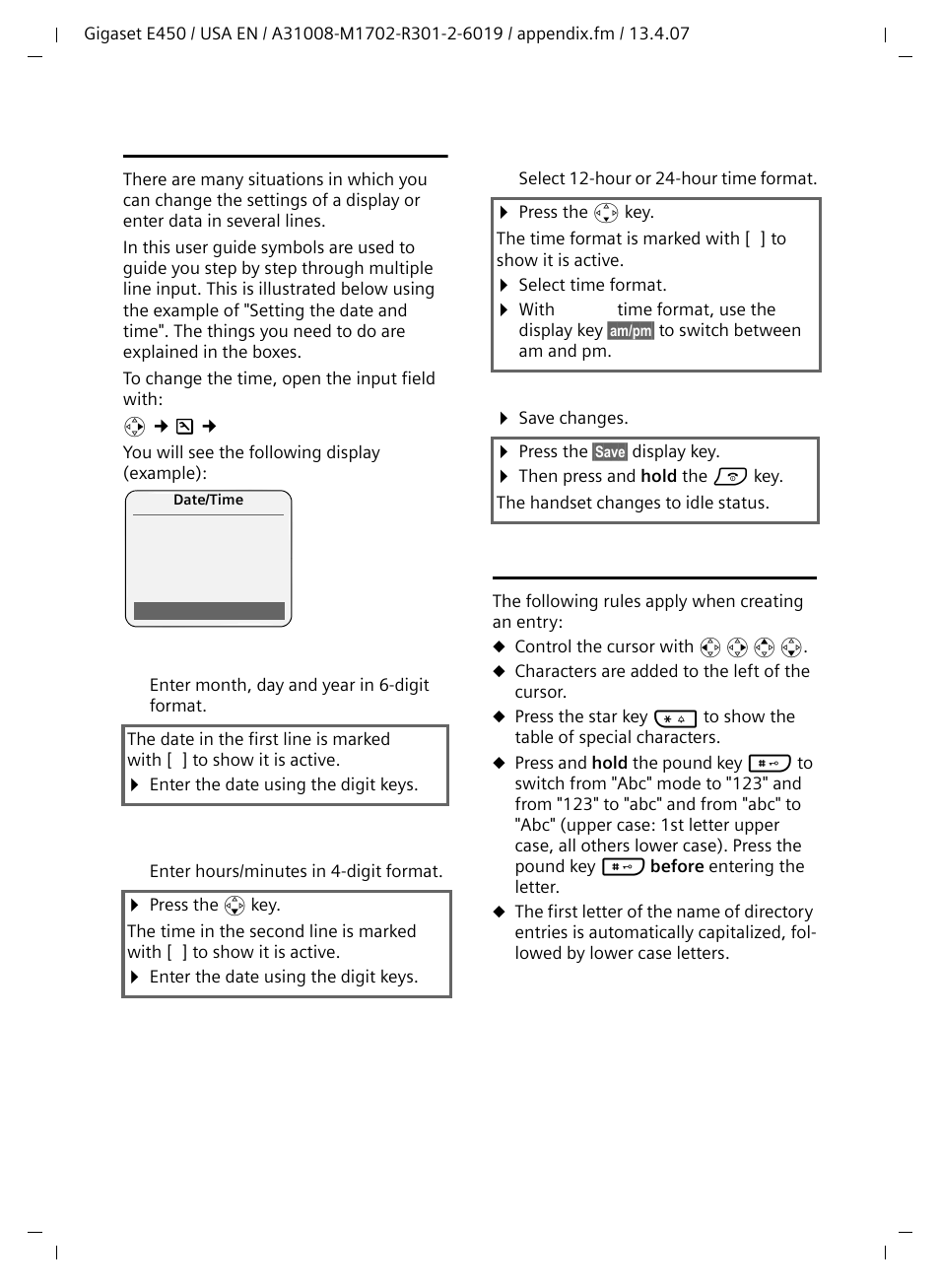 Example: multiple line input, Writing and editing names | Siemens Gigaset E450 User Manual | Page 40 / 46