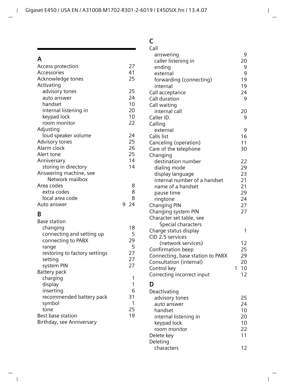 Index | Siemens Gigaset E450 User Manual | Page 43 / 46