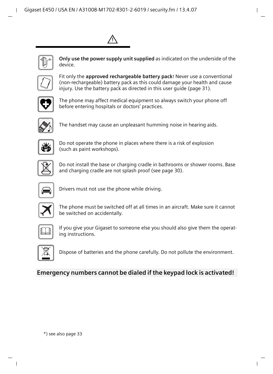 Safety precautions | Siemens Gigaset E450 User Manual | Page 5 / 46