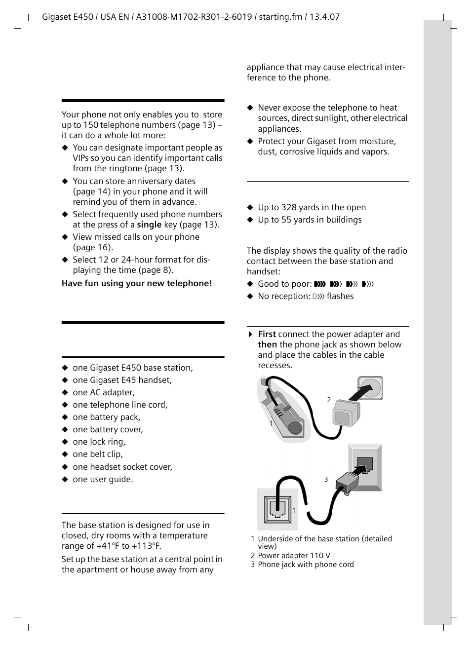 Gigaset e450 - more than just a telephone, First steps, Pack contents | Installing the base station, Range and reception strength, Connecting the base station, Pack contents installing the base station, Gigaset e450 – more than just a telephone | Siemens Gigaset E450 User Manual | Page 6 / 46