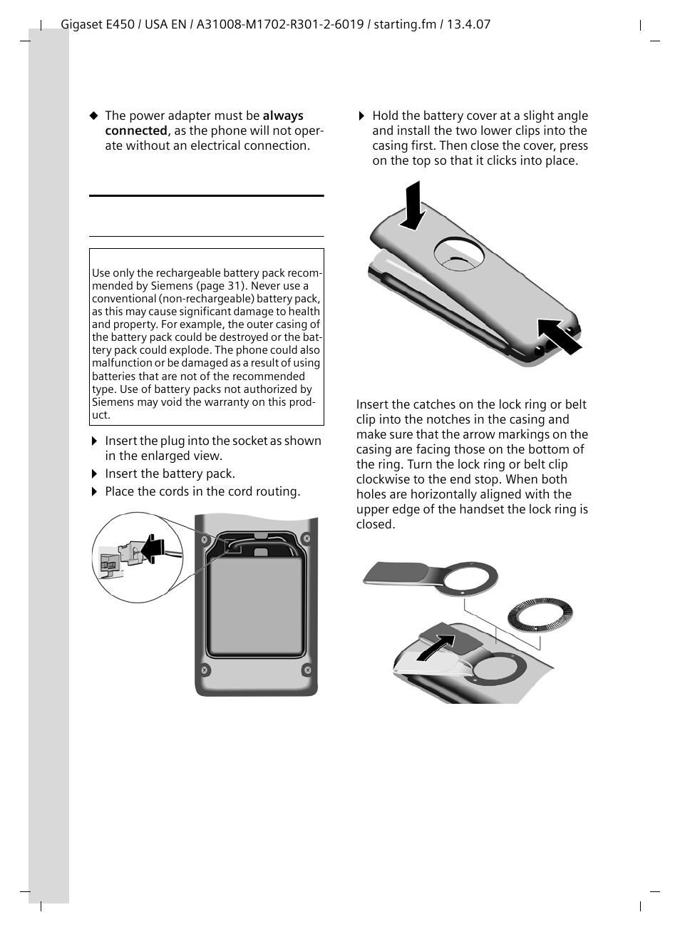 Setting up the handset for use, Fitting the battery pack | Siemens Gigaset E450 User Manual | Page 7 / 46