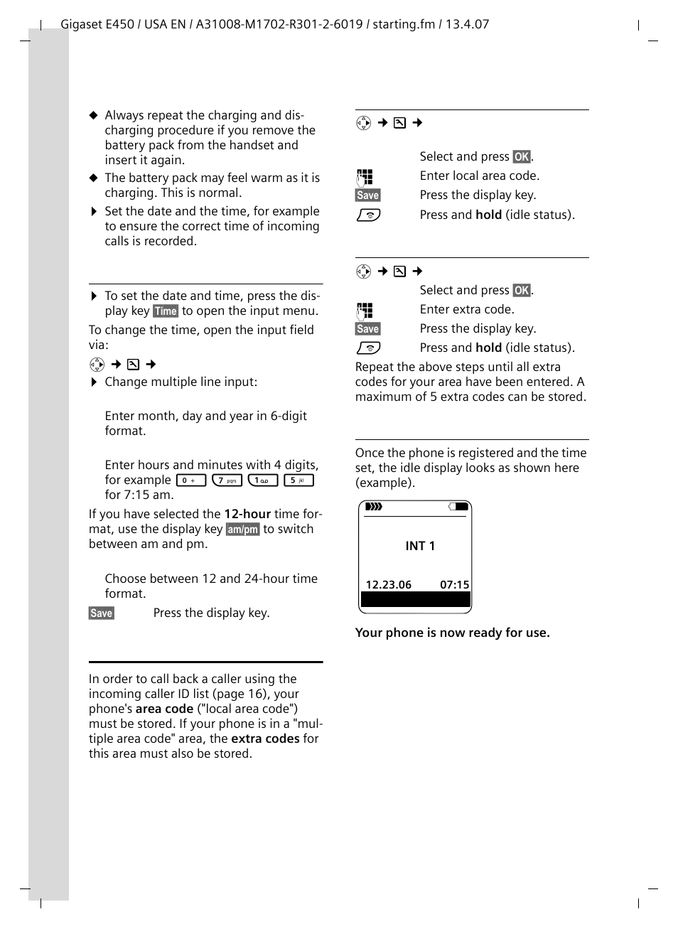 Setting the date and time, Area codes, Local area code | Extra codes, Display in idle status | Siemens Gigaset E450 User Manual | Page 9 / 46