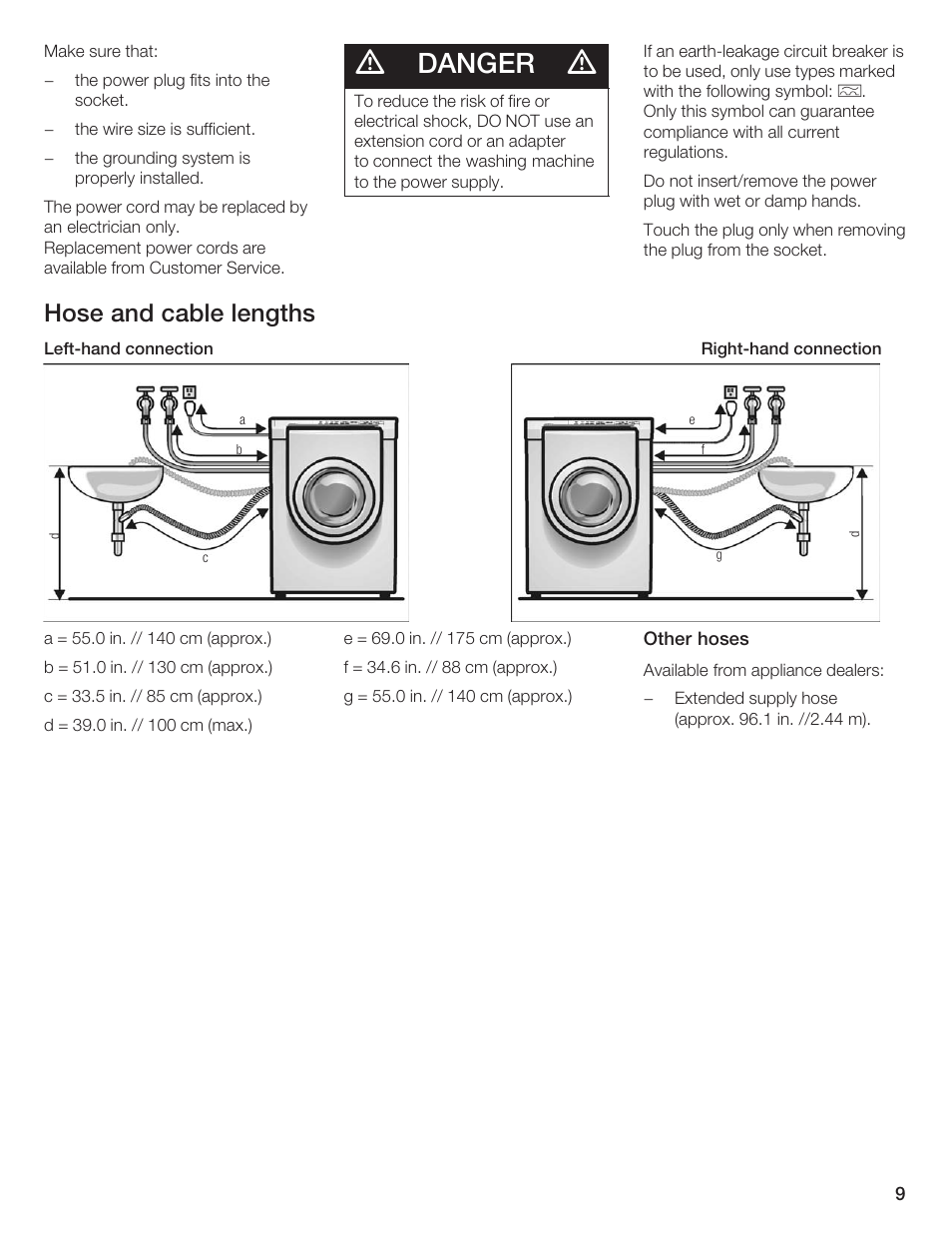 Danger, Hose and cable lengths | Siemens WFXD5200UC User Manual | Page 10 / 89