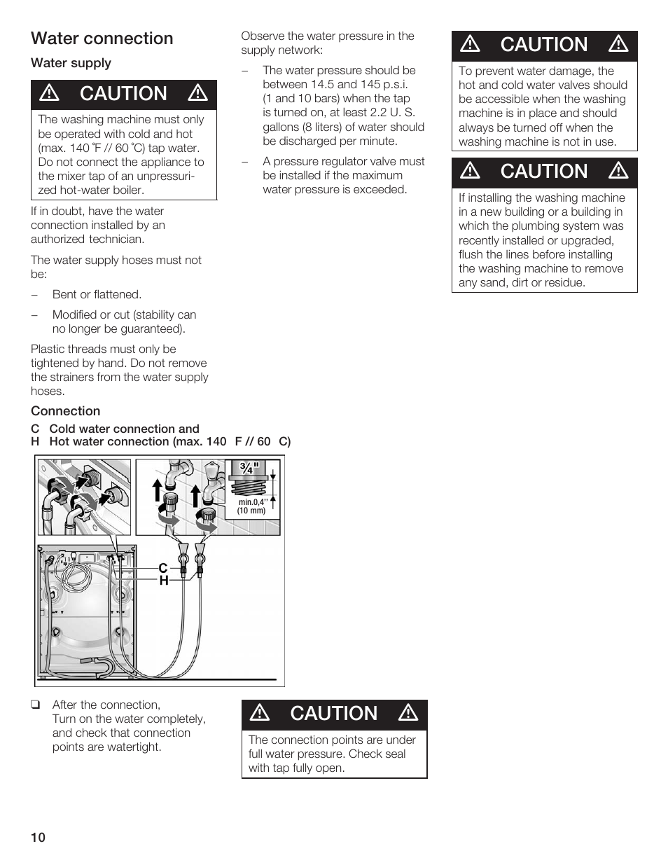 Caution, Water connection | Siemens WFXD5200UC User Manual | Page 11 / 89