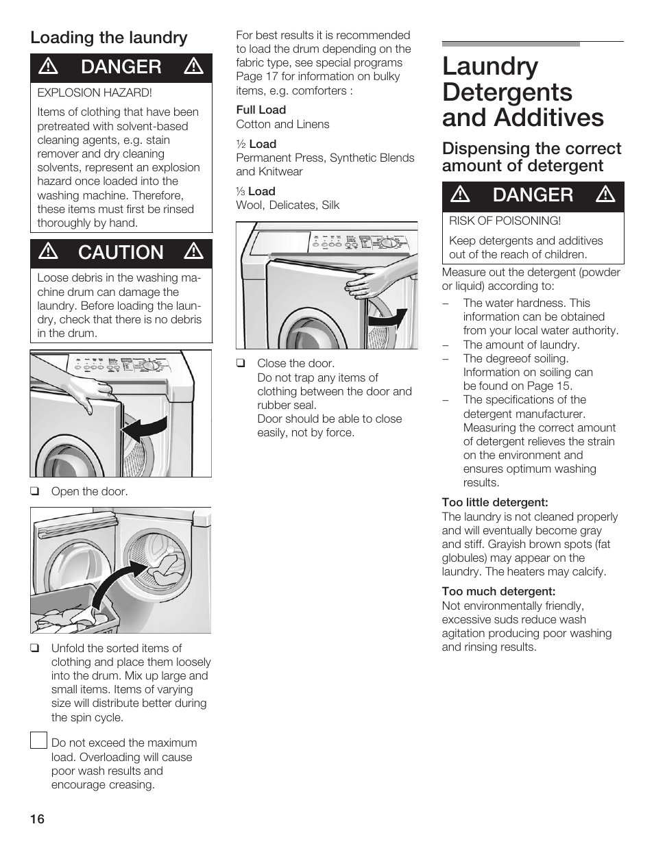 Laundry detergents and additives, Danger, Caution | Loading the laundry, Dispensing the correct amount of detergent | Siemens WFXD5200UC User Manual | Page 17 / 89