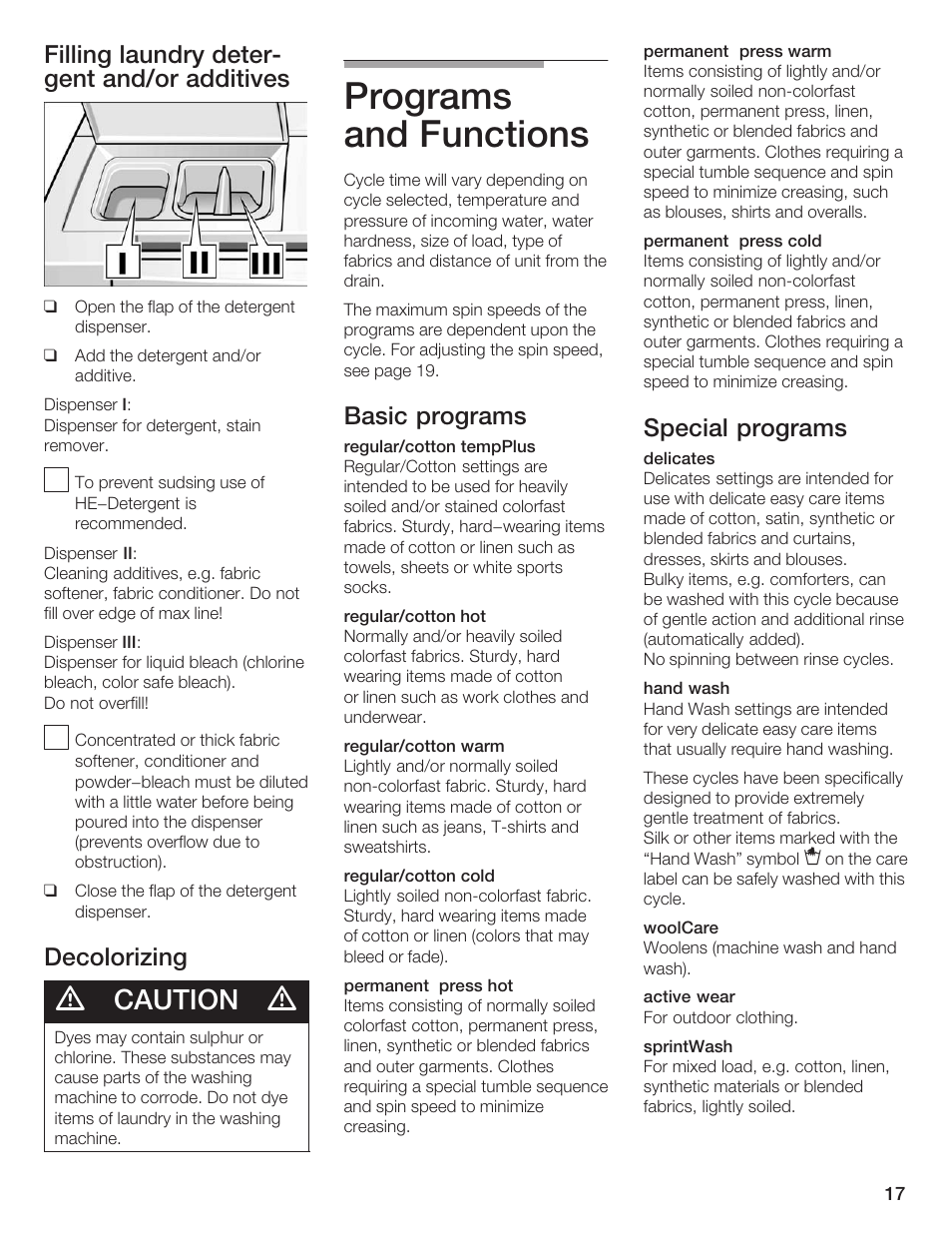 Programs and functions, Caution, Filling laundry deterć gent and/or additives | Decolorizing, Basic programs, Special programs | Siemens WFXD5200UC User Manual | Page 18 / 89