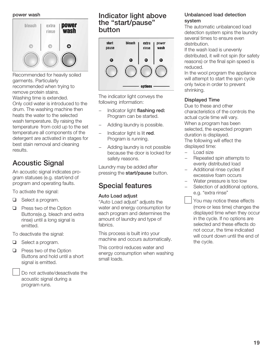 Acoustic signal, Indicator light above the start/pause" button, Special features | Siemens WFXD5200UC User Manual | Page 20 / 89