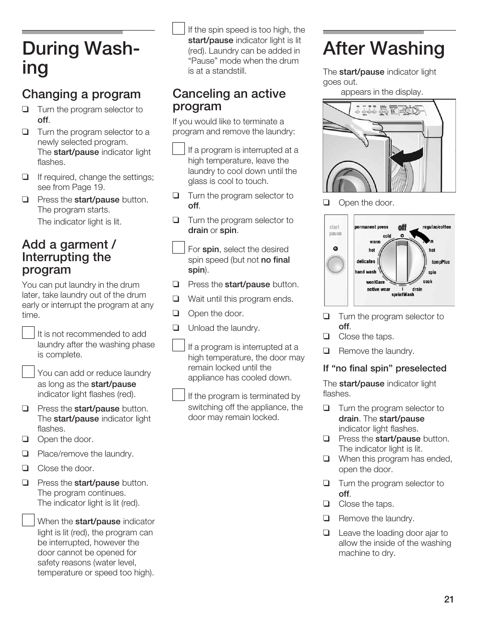 During washć ing, After washing, Changing a program | Add a garment / interrupting the program, Canceling an active program | Siemens WFXD5200UC User Manual | Page 22 / 89