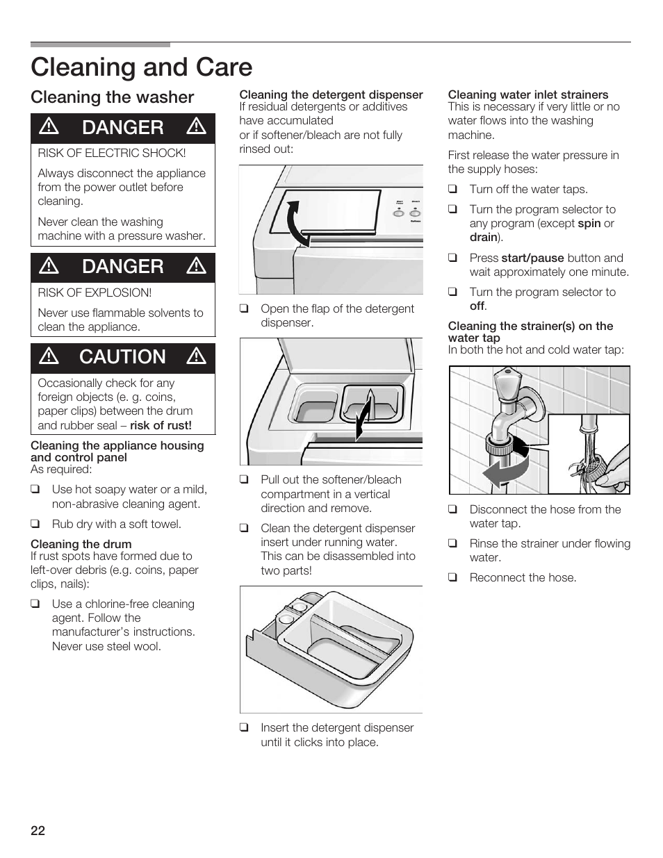 Cleaning and care, Danger, Caution | Cleaning the washer | Siemens WFXD5200UC User Manual | Page 23 / 89