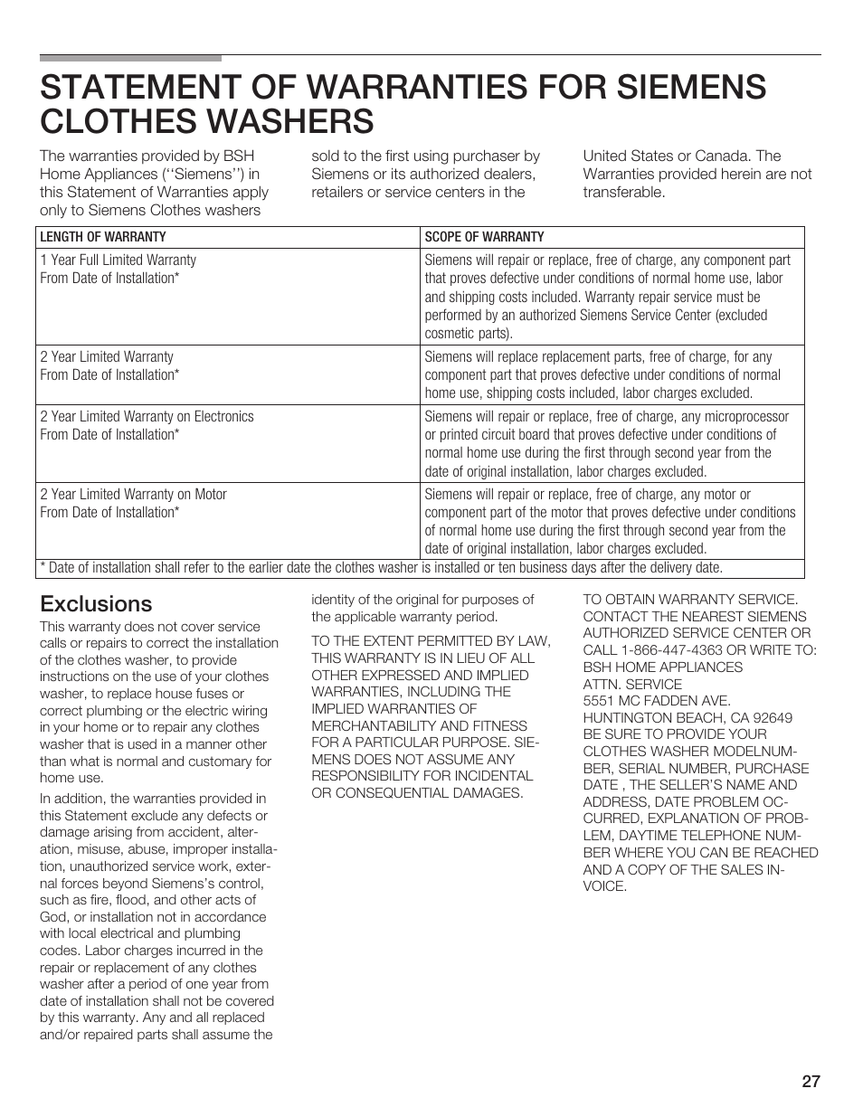 Exclusions | Siemens WFXD5200UC User Manual | Page 28 / 89