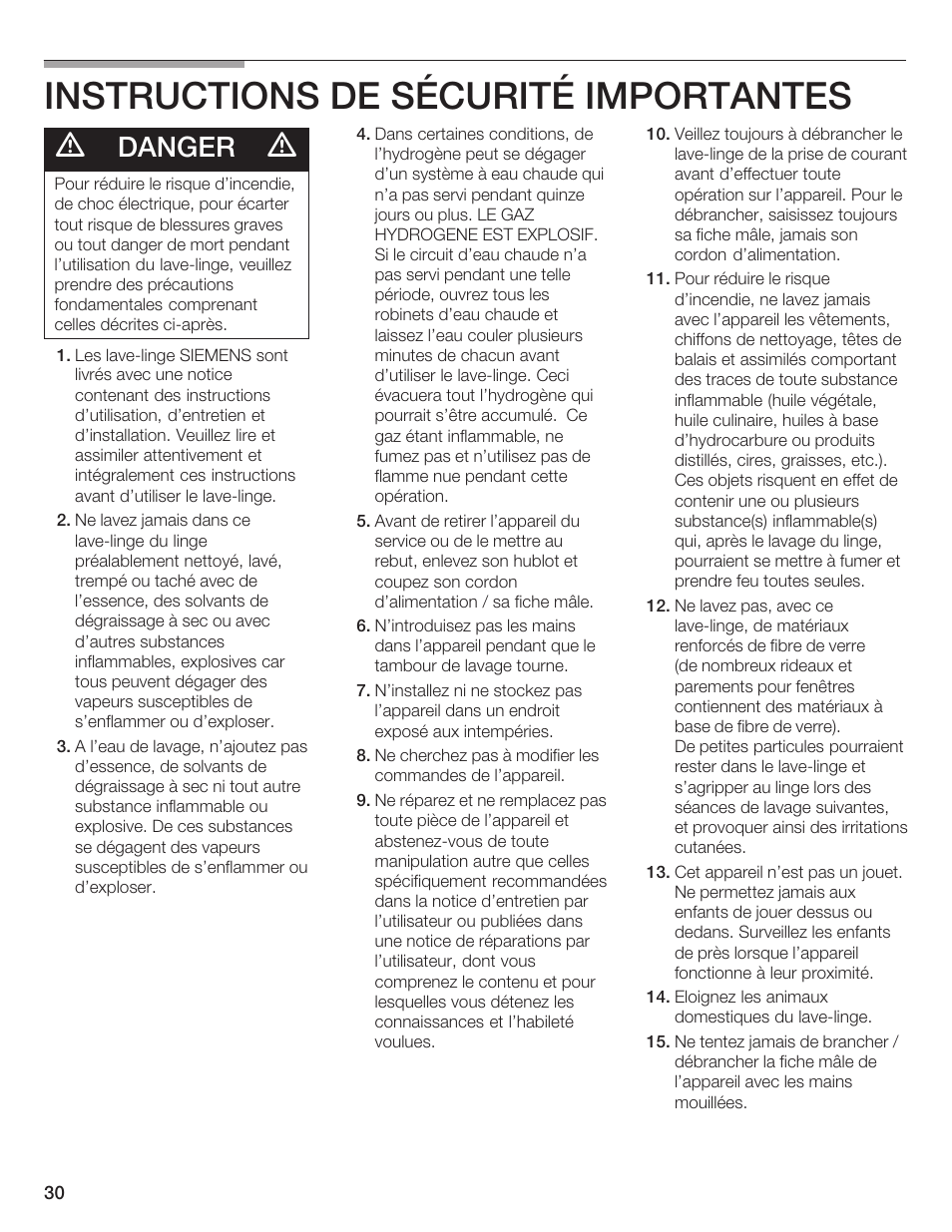 Instructions de sécurité importantes, Danger | Siemens WFXD5200UC User Manual | Page 31 / 89