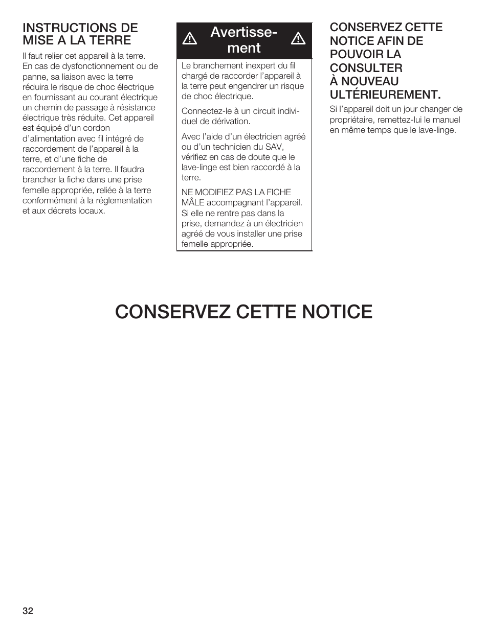 Conservez cette notice, Avertisseć ment, Instructions de mise a la terre | Siemens WFXD5200UC User Manual | Page 33 / 89