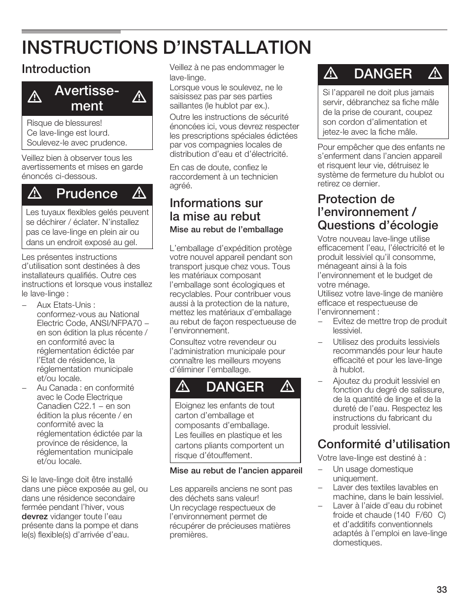 Instructions d'installation, Avertisseć ment, Prudence | Danger, Introduction, Informations sur la mise au rebut, Conformité d'utilisation | Siemens WFXD5200UC User Manual | Page 34 / 89