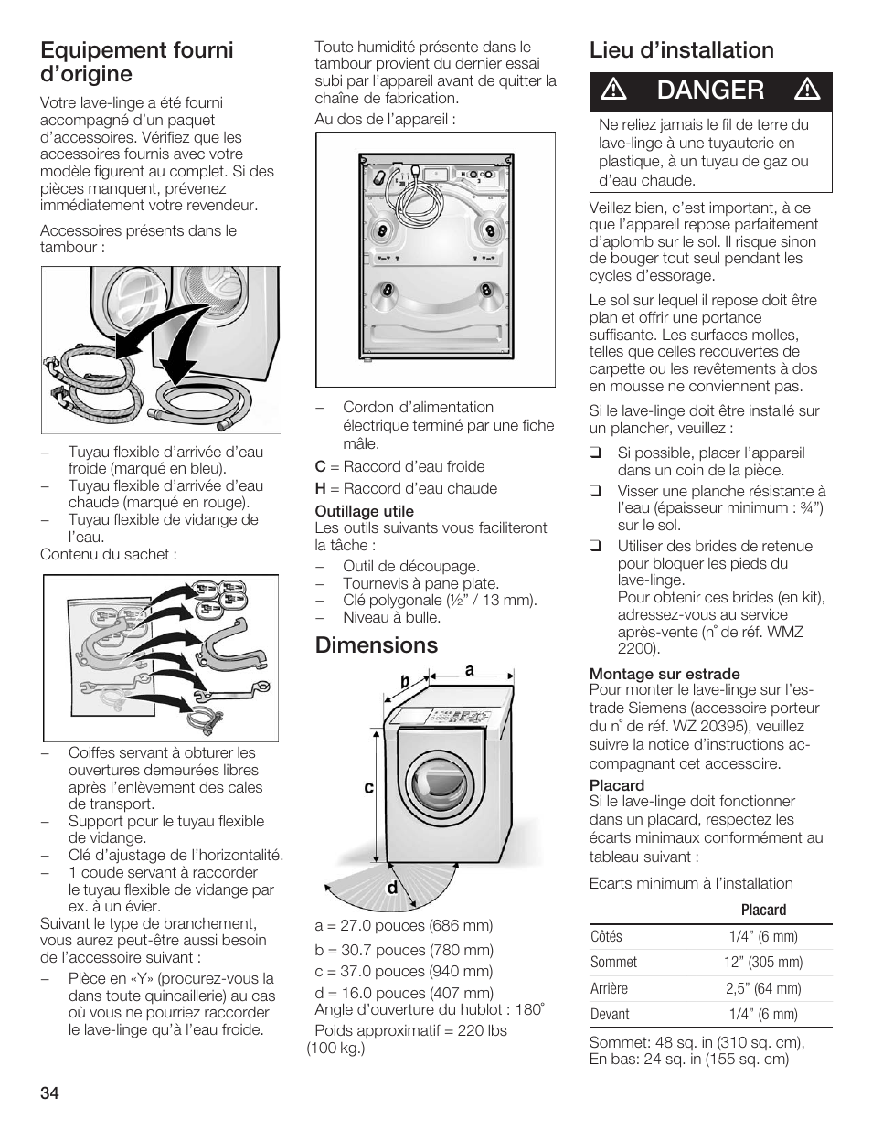Danger, Equipement fourni d'origine, Dimensions | Lieu d'installation | Siemens WFXD5200UC User Manual | Page 35 / 89
