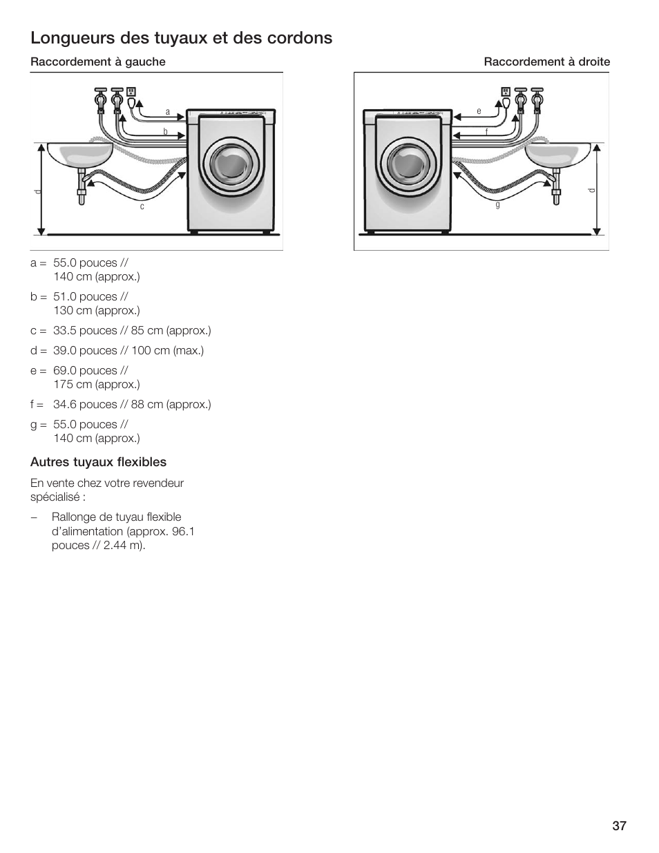 Longueurs des tuyaux et des cordons | Siemens WFXD5200UC User Manual | Page 38 / 89