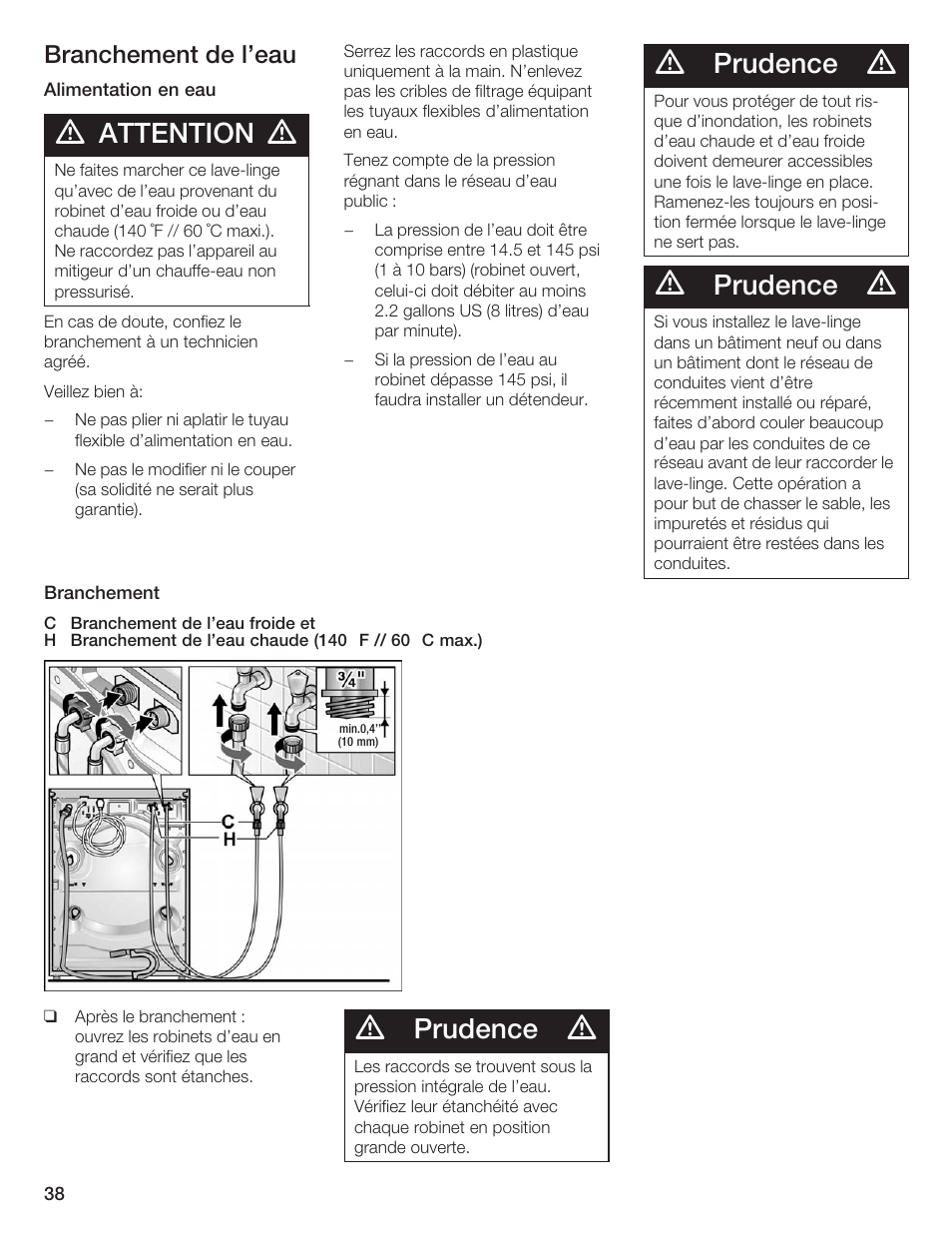 Attention, Prudence, Branchement de l'eau | Siemens WFXD5200UC User Manual | Page 39 / 89