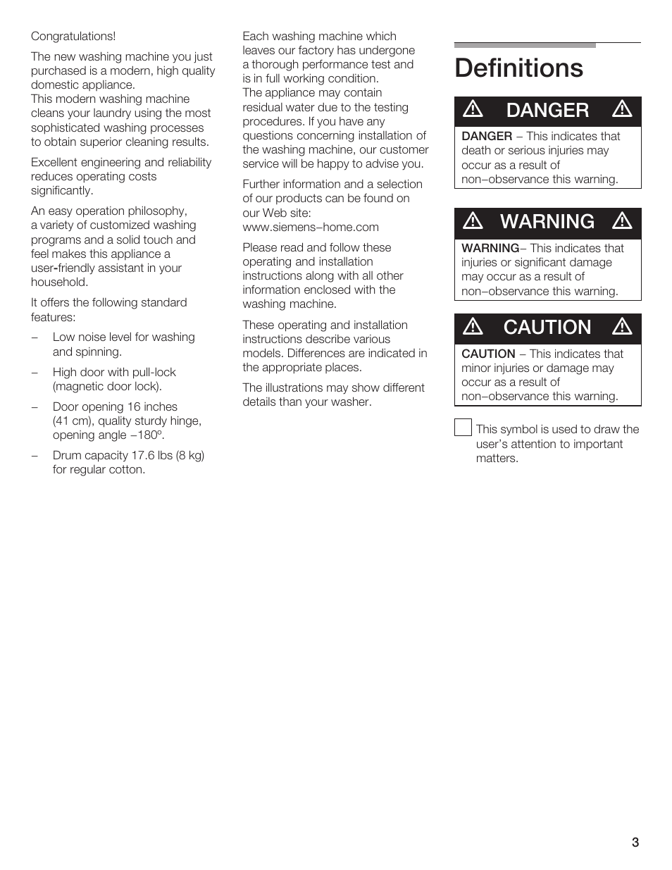 Definitions, Danger, Warning | Caution | Siemens WFXD5200UC User Manual | Page 4 / 89