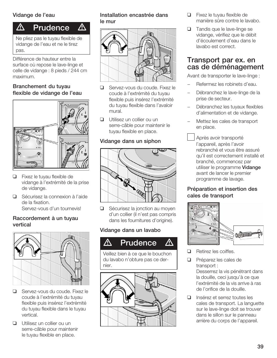 Prudence, Transport par ex. en cas de déménagement | Siemens WFXD5200UC User Manual | Page 40 / 89