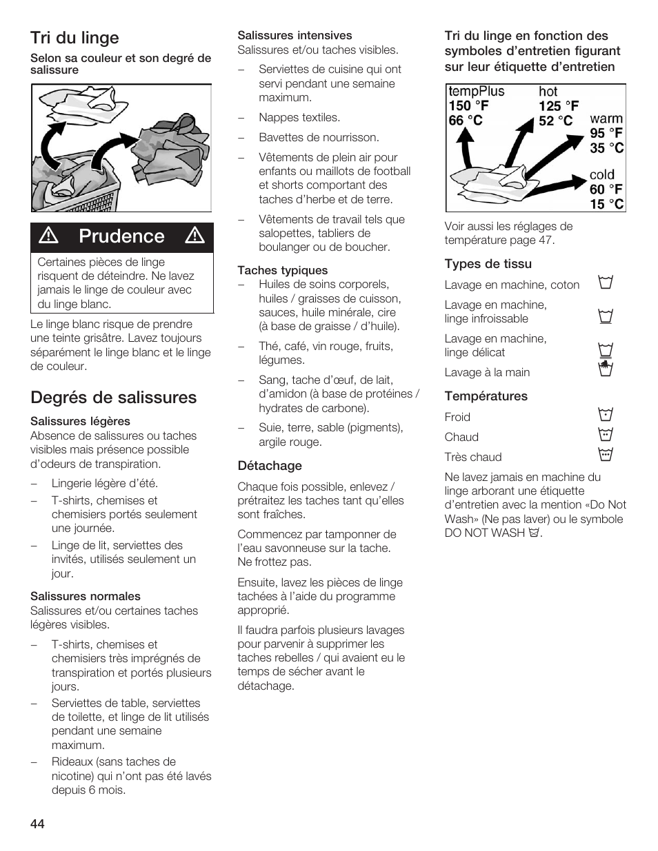 Prudence, Tri du linge, Degrés de salissures | Siemens WFXD5200UC User Manual | Page 45 / 89