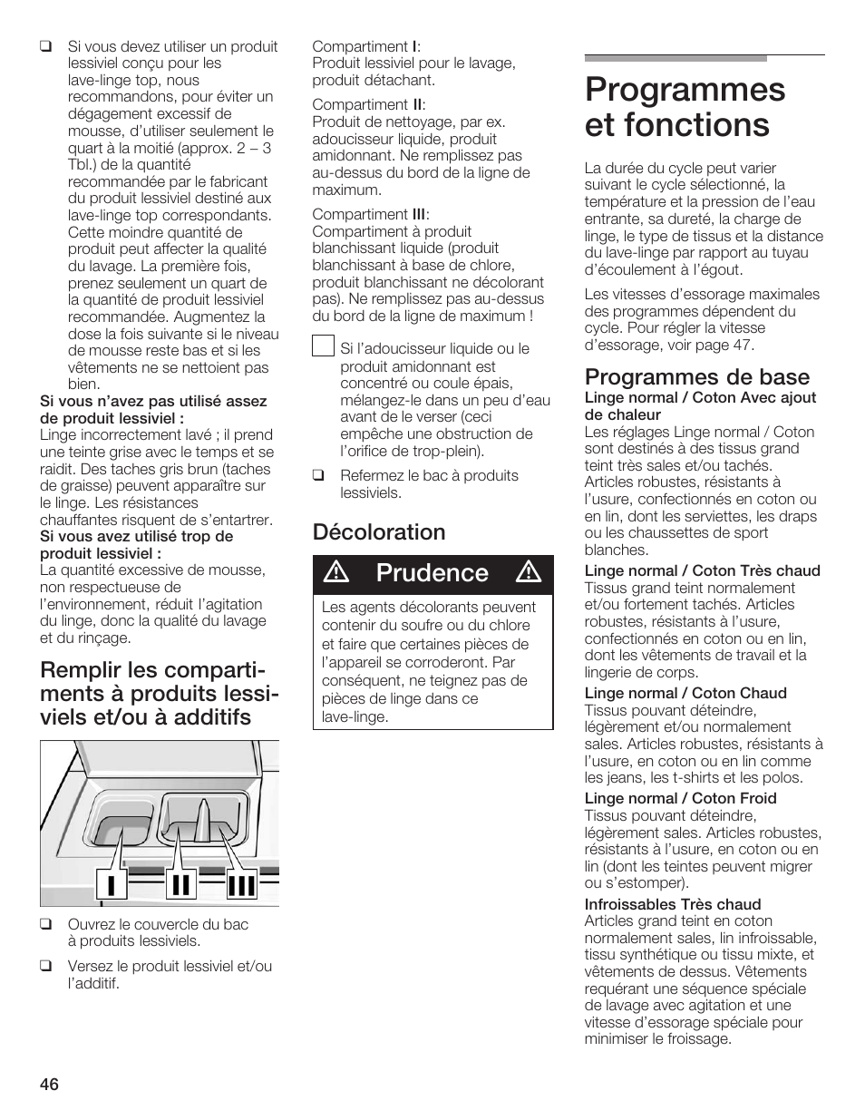 Programmes et fonctions, Prudence, Décoloration | Programmes de base | Siemens WFXD5200UC User Manual | Page 47 / 89