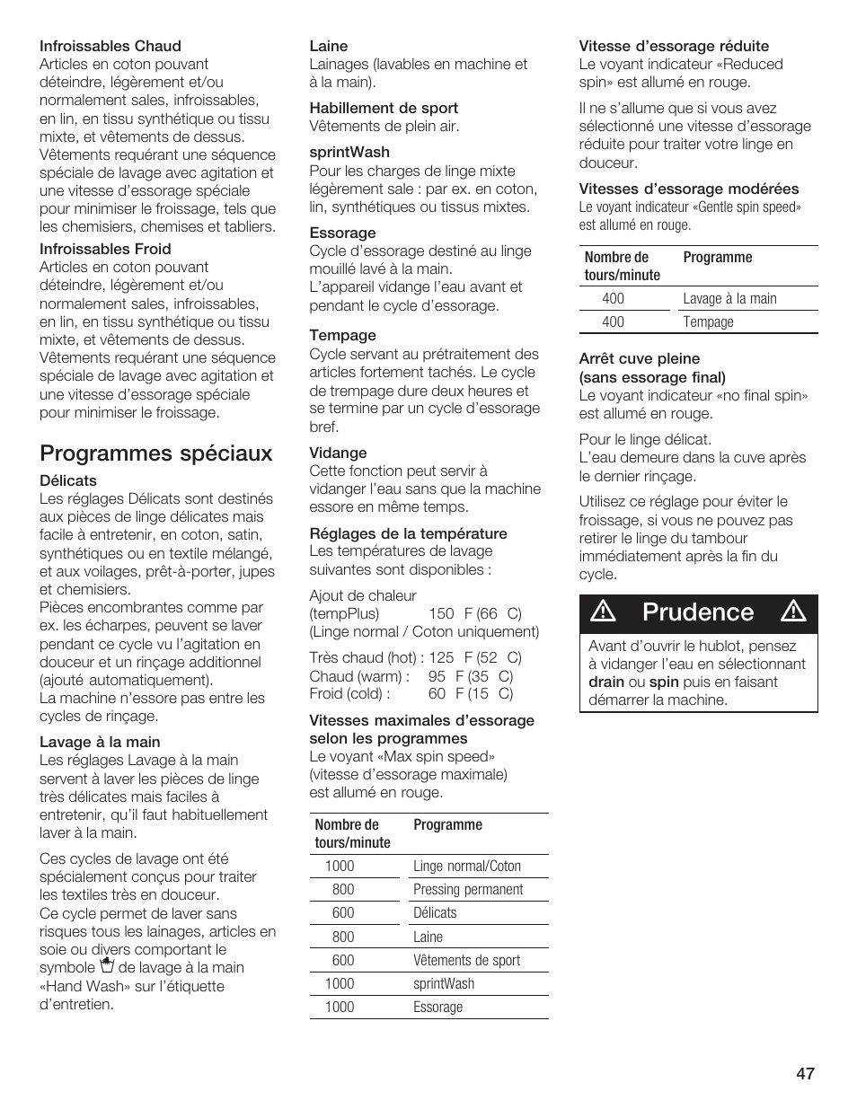Prudence, Programmes spéciaux | Siemens WFXD5200UC User Manual | Page 48 / 89