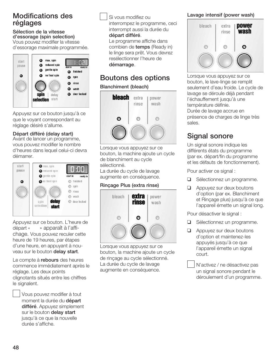 Modifications des réglages, Boutons des options, Signal sonore | Siemens WFXD5200UC User Manual | Page 49 / 89