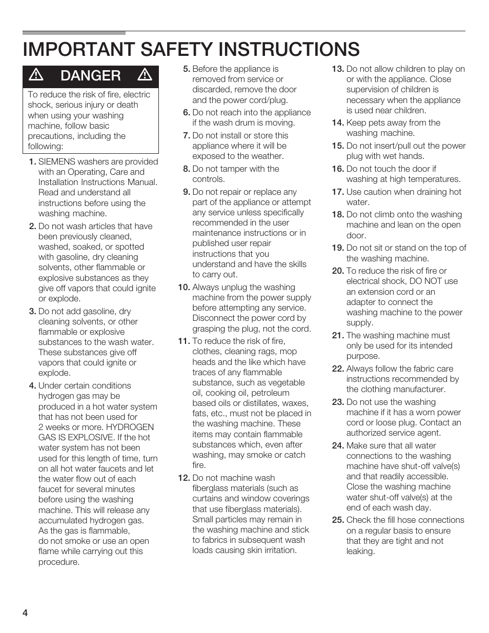 Important safety instructions, Danger | Siemens WFXD5200UC User Manual | Page 5 / 89