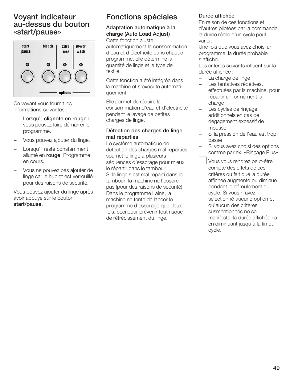 Voyant indicateur aućdessus du bouton «start/pause, Fonctions spéciales | Siemens WFXD5200UC User Manual | Page 50 / 89