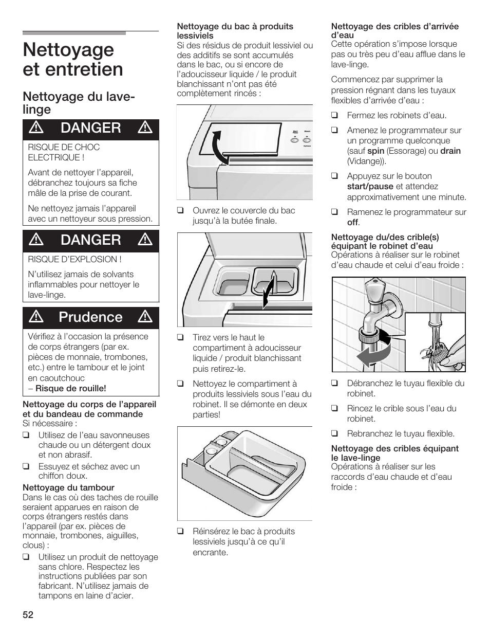 Nettoyage et entretien, Danger, Prudence | Nettoyage du laveć linge | Siemens WFXD5200UC User Manual | Page 53 / 89