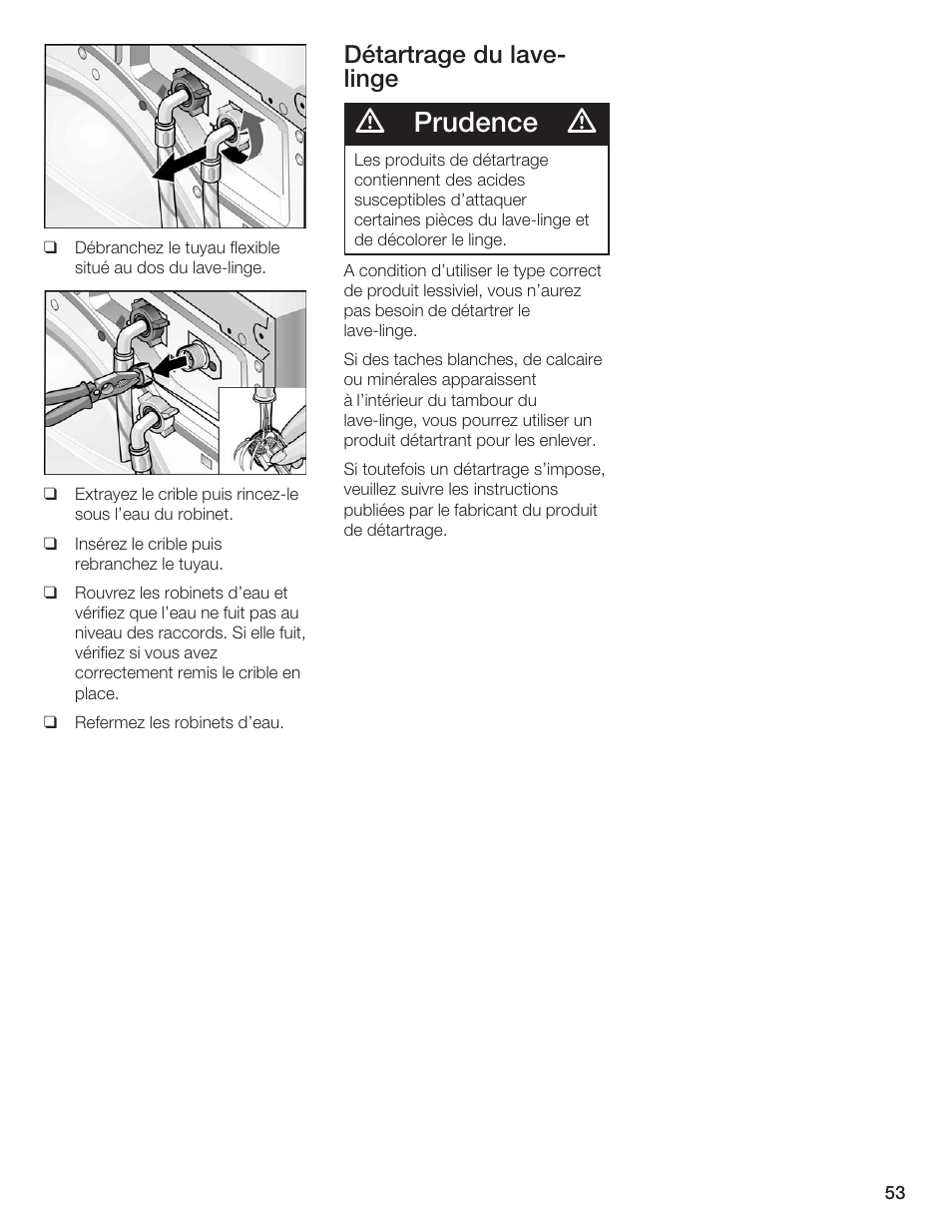 Prudence, Détartrage du laveć linge | Siemens WFXD5200UC User Manual | Page 54 / 89
