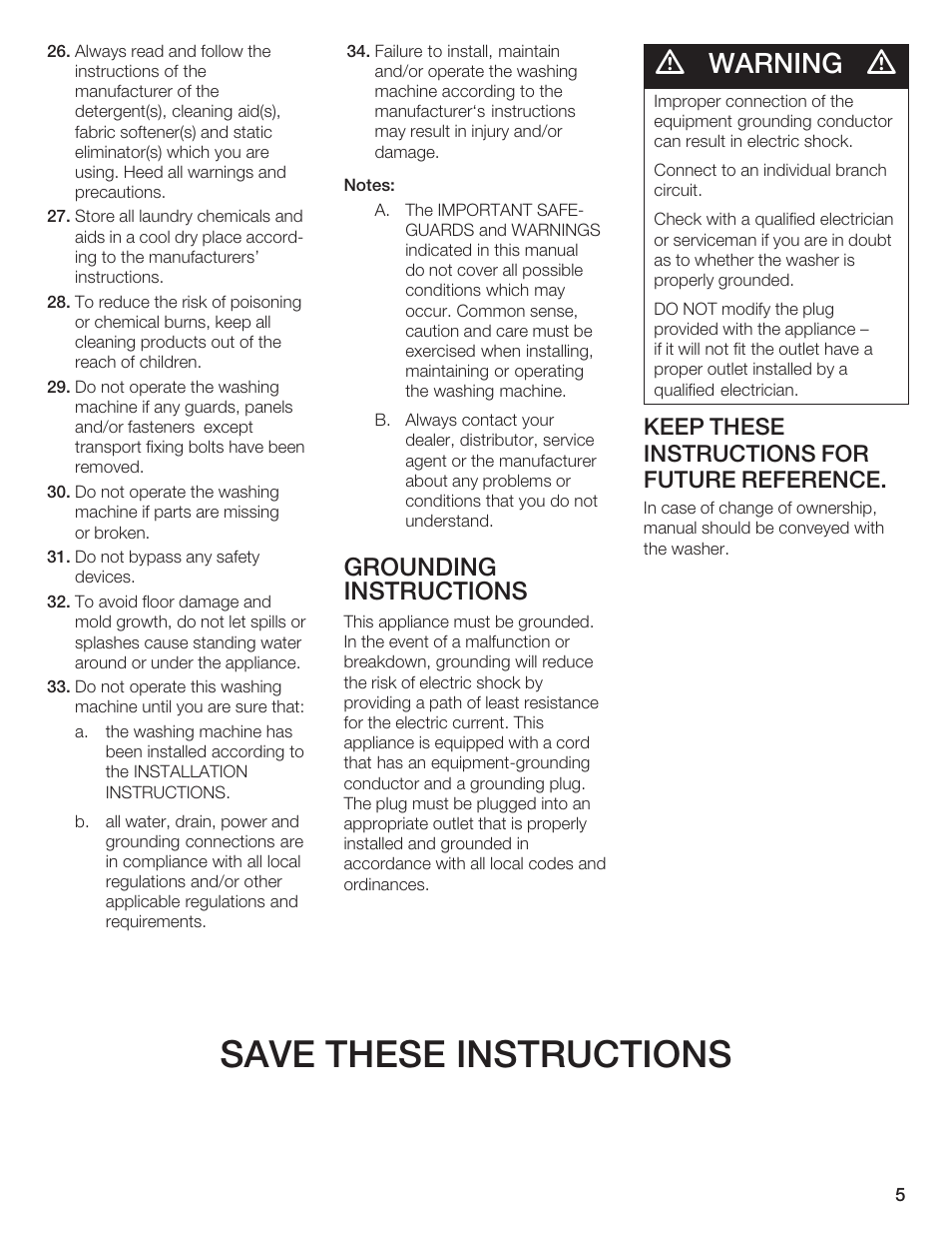 Save these instructions, Warning, Grounding instructions | Keep these instructions for future reference | Siemens WFXD5200UC User Manual | Page 6 / 89