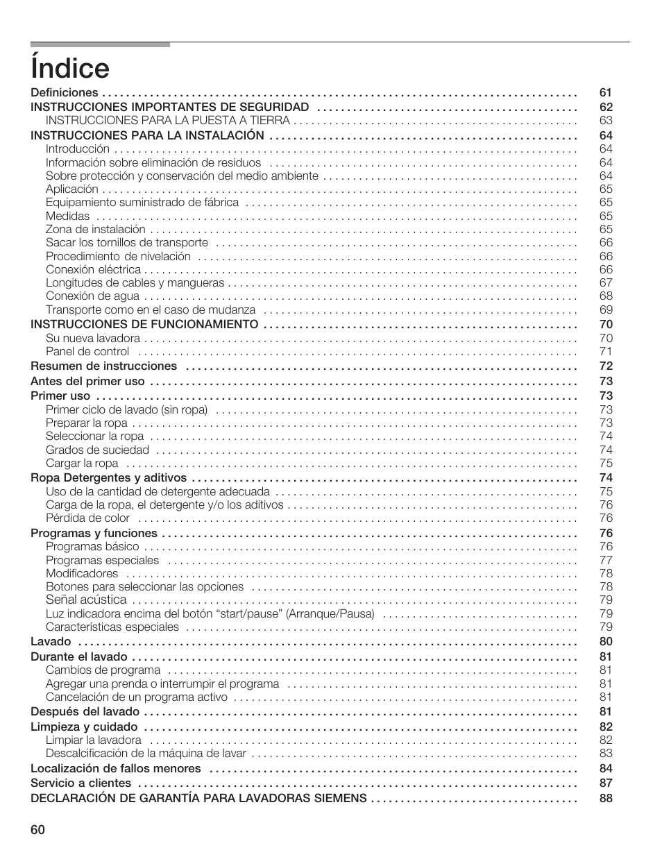 Índice | Siemens WFXD5200UC User Manual | Page 61 / 89