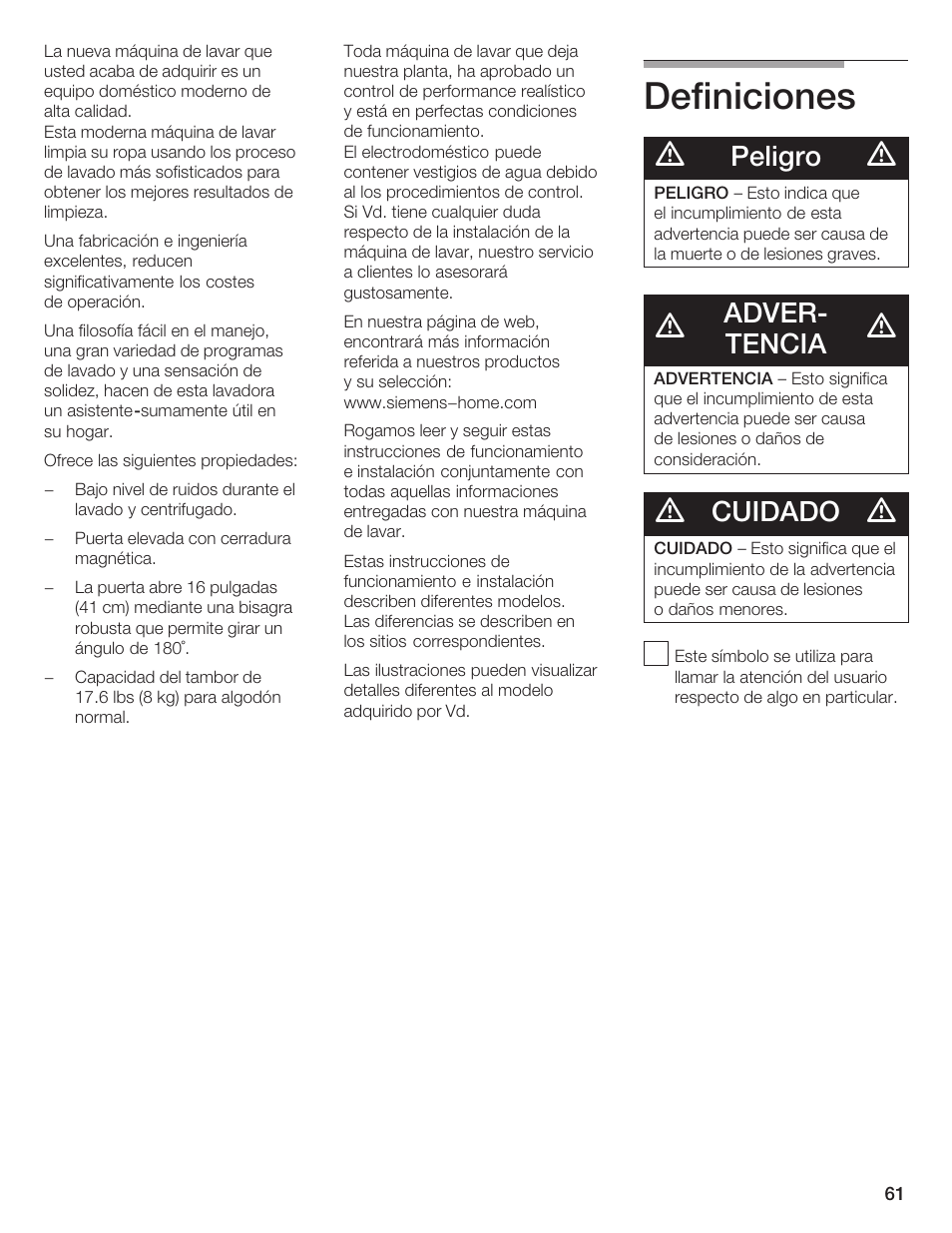 Definiciones, Peligro, Adverć tencia | Cuidado | Siemens WFXD5200UC User Manual | Page 62 / 89