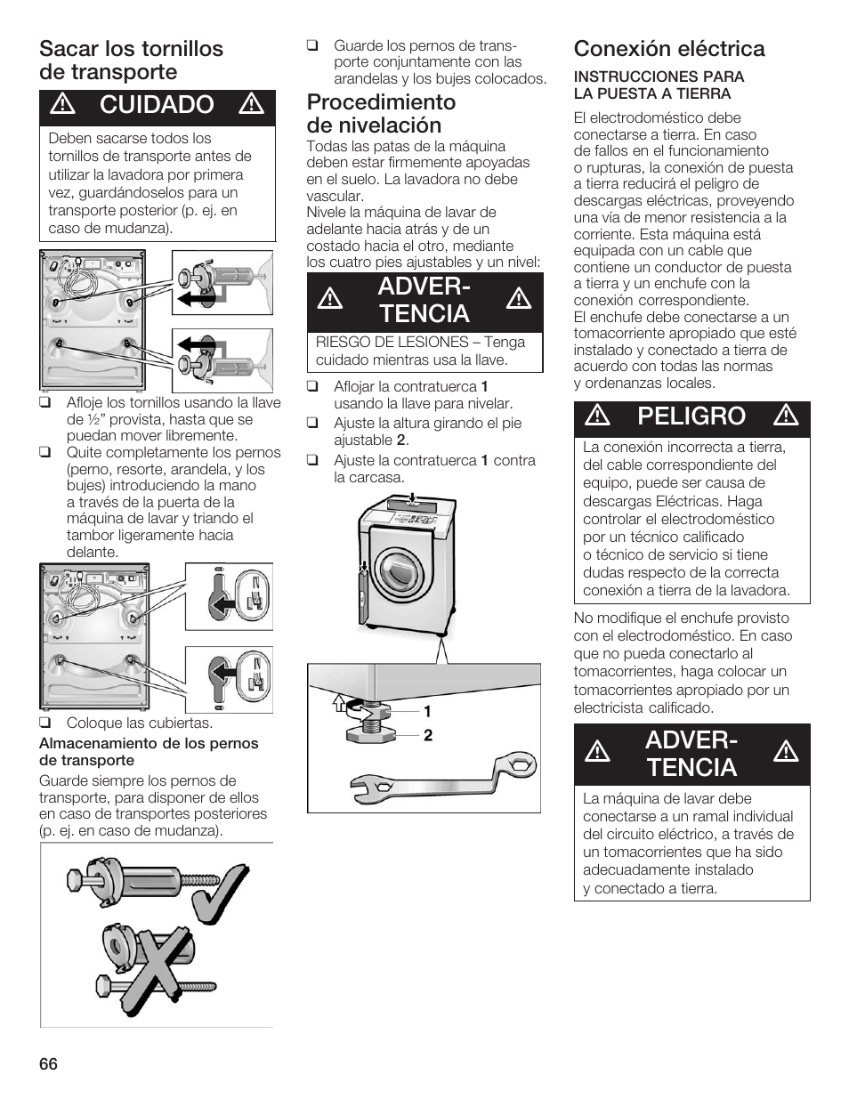 Cuidado, Adverć tencia, Peligro | Sacar los tornillos deătransporte, Procedimiento deănivelación, Conexión eléctrica | Siemens WFXD5200UC User Manual | Page 67 / 89