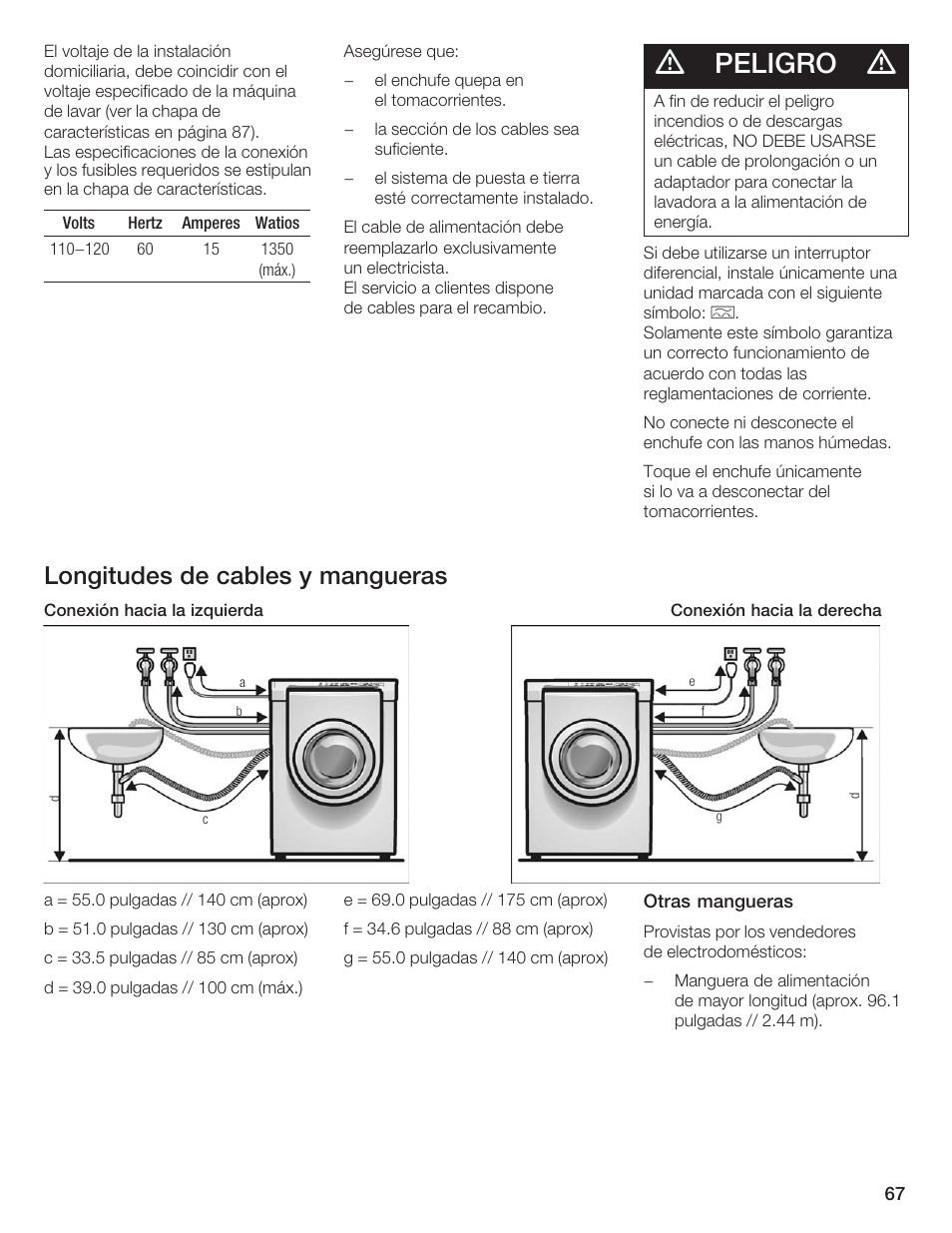 Peligro, Longitudes de cables y mangueras | Siemens WFXD5200UC User Manual | Page 68 / 89