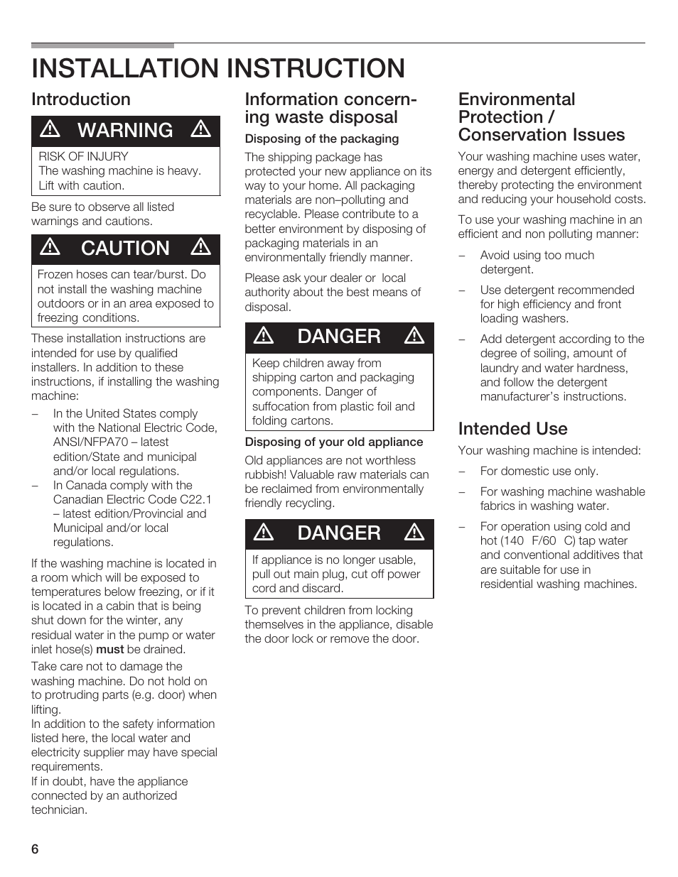 Installation instruction, Warning, Caution | Danger, Introduction, Information concernć ing waste disposal, Environmental protection / conservation issues, Intended use | Siemens WFXD5200UC User Manual | Page 7 / 89